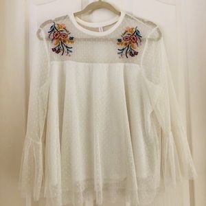 DONATING SOON-White Sheer Embroidered Blouse NWOT